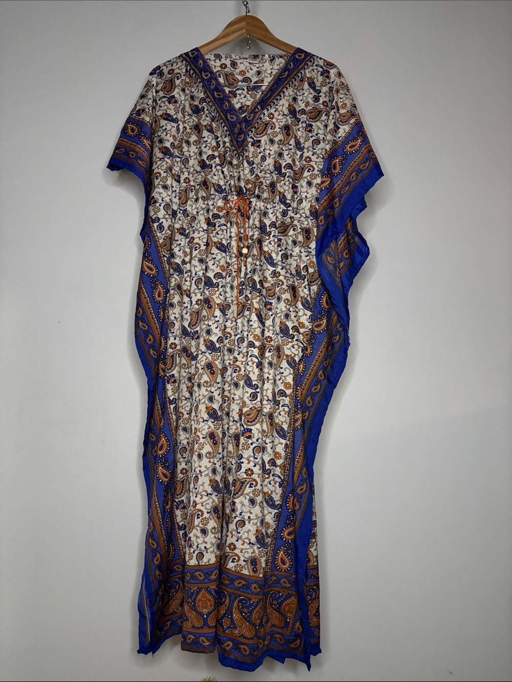 Vintage Chic Connection Blue and Cream Paisley Maxi Caftan Dress Tye Waist